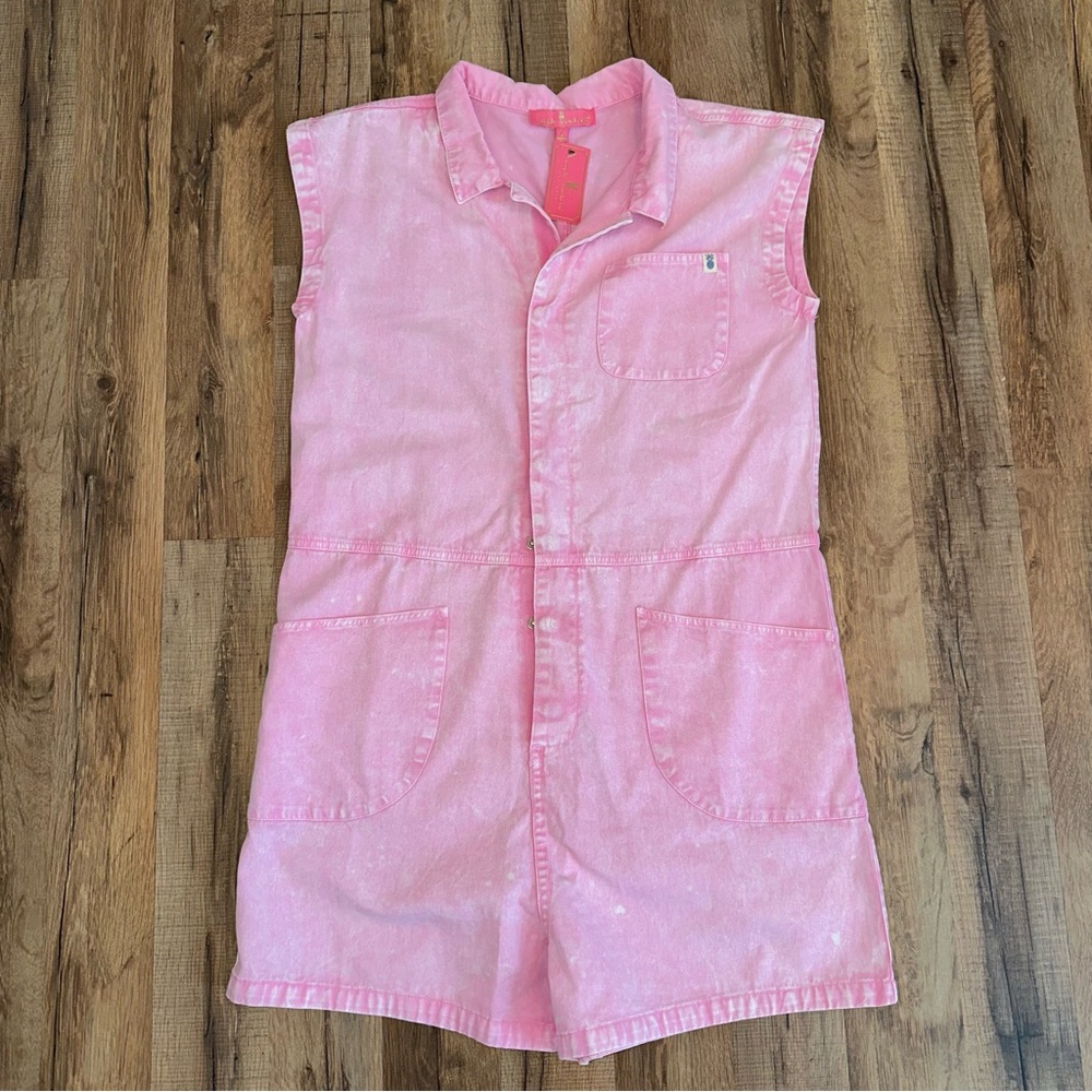 Simply Southern Pink Sleeveless Jean Romper Size Large
